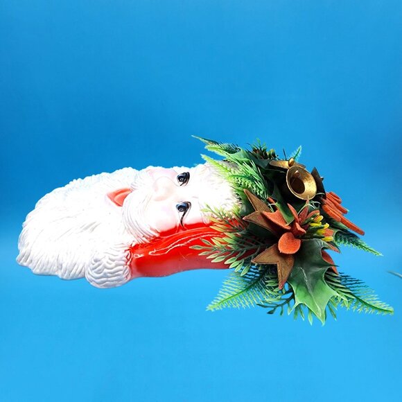 Vintage 1970s Santa Claus Wall Decor Bells & Flocked Poinsettias Noel Hong Kong - Picture 7 of 10